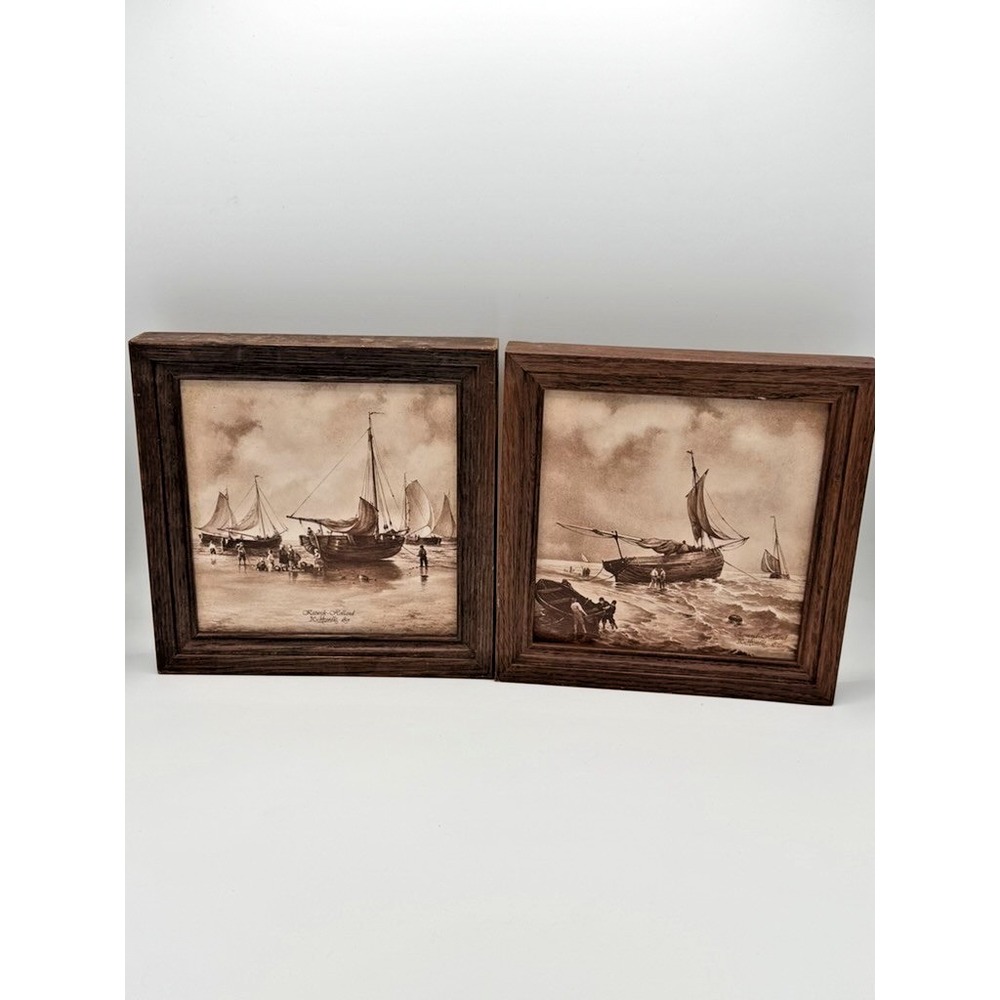 Pair Framed Dutch Sepia Prints J.C. van Hunnik Katwijk Holland 7.25x7.25